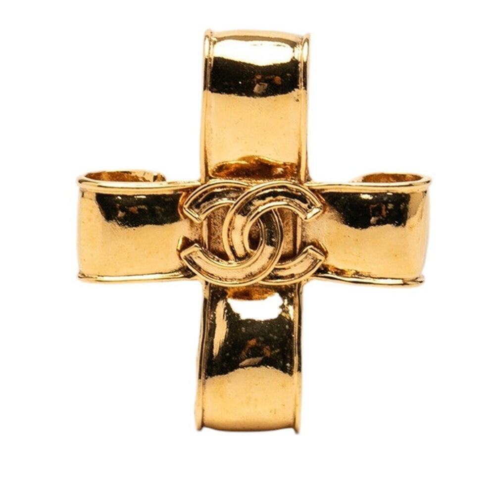 Chanel CC Logo Vintage Cross Brooch Gold Plated Gold